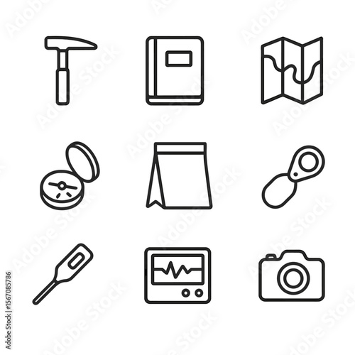 Geological Tools Icons. Outline icon set of geological observation tools: rock hammer, field notebook, geological map, clinometer