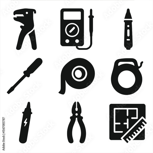 Electrical Tools Icons. Solid, filled icons set of tools for electrical layout: wire stripper, multimeter,