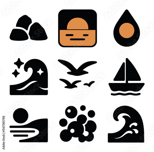 Coastal Golden Hour Icons. Solid, filled icons set of coastal golden hour: rocks, tide, orange sky, sun drop,