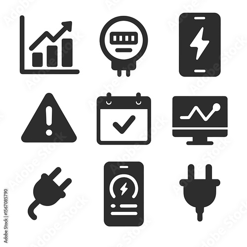Electricity Usage Icons. Solid, filled icons set of checking electricity usage via app: energy graph, power
