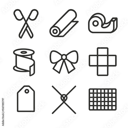 Gift Wrapping Icons. Outline icon set of gift wrapping tools and materials: scissors, wrapping paper roll, tape dispenser, ribbon
