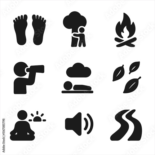 Mindfulness Icon Set. Solid, filled icon set of mindfulness in nature: barefoot walk, tree hugging, campfire, birdwatching, cloud