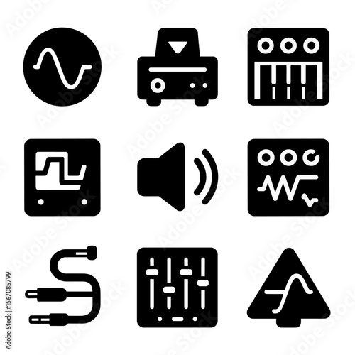 Electronic Sound Icons. Solid, filled icons set of electronic sound generation: oscillator, amplifier,
