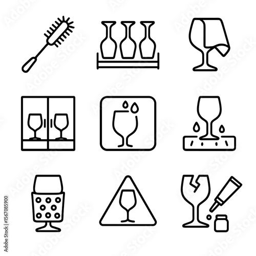 Glassware Care Icons. Outline icon set of glassware care and storage: cleaning brush, drying rack, polishing cloth, storage