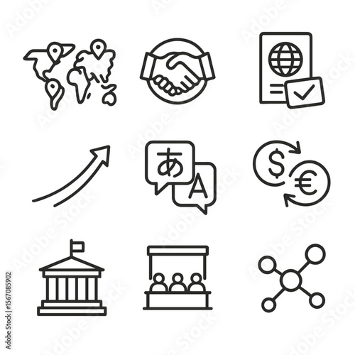 Global Business Icons. Outline icon set of cross-border business connections: world map with location pins, handshake over globe,