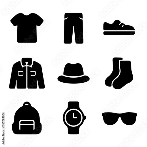 Minimalist Clothing Icons. Solid, filled icon set of Minimalist clothing items: t-shirt, pants, shoes, jacket, hat, socks,