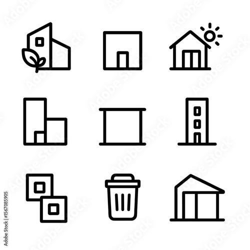 Minimalist Building Icons. Solid, filled icon set of minimalist building concepts: sustainability, simplicity, functionality,