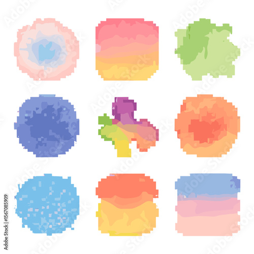 Watercolor Pixel Icons. Pixel art icon set of watercolor splashes: wet bloom, gradient wash, edge feather, pigment granule,