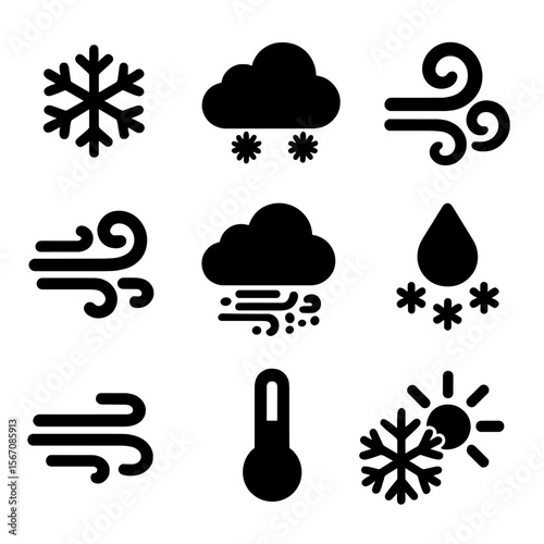 Weather Icon Set. Solid, Filled icon set of weather icons: pure flake, cloud with snow, flurry swirl, blizzard wind, snow shower,