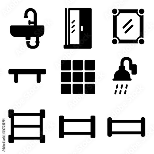 Industrial Bathroom Icons. Solid, filled icon set of industrial loft bathroom: concrete sink, metal faucet, exposed pipes, glass