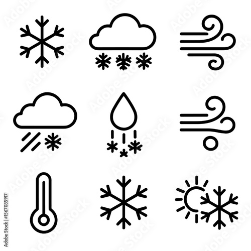 Weather Icon Set. Outline icon set of weather icons: pure flake, cloud with snow, flurry swirl, blizzard wind, snow shower,
