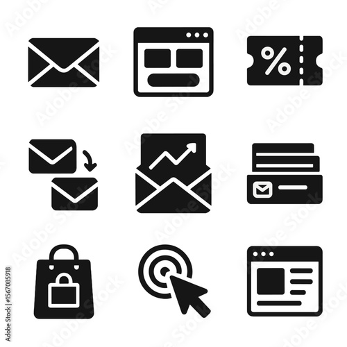 Email Marketing Icons. Solid, filled icons set of email co-marketing: email icon, dual brand header, CTA
