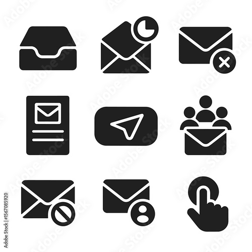 Email Marketing Icons. Solid, filled icons set of email marketing campaigns: inbox icon, open rate,