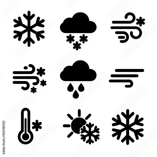 Weather Icon Set. Solid, Filled icon set of weather icons: pure flake, cloud with snow, flurry swirl, blizzard wind, snow shower,
