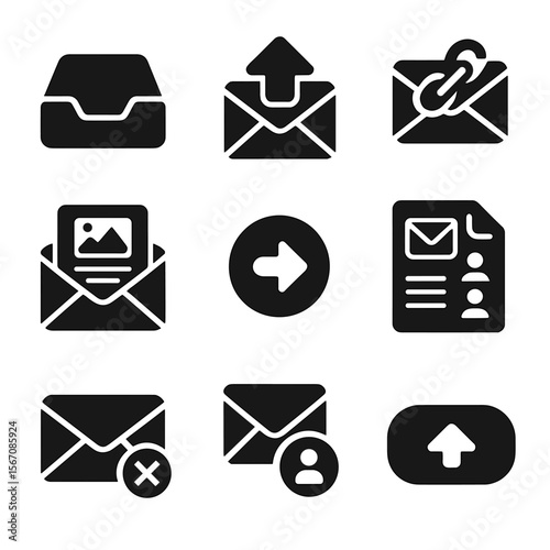 Email Marketing Icons. Solid, filled icons set of email marketing campaigns: inbox icon, open rate,