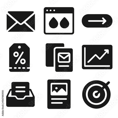 Email Marketing Icons. Solid, filled icons set of email co-marketing: email icon, dual brand header, CTA