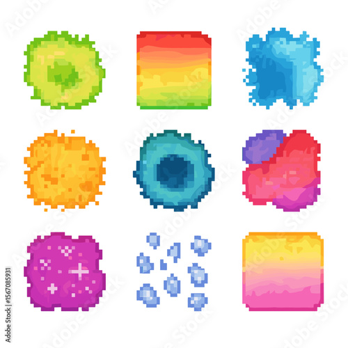 Watercolor Pixel Icons. Pixel art icon set of watercolor splashes: wet bloom, gradient wash, edge feather, pigment granule,
