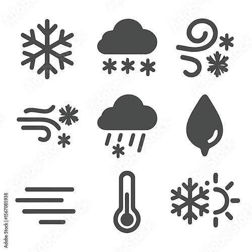 Weather Icon Set. Flat icon set of weather icons: pure flake, cloud with snow, flurry swirl, blizzard wind, snow shower, freezing