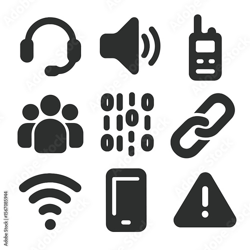 Emergency Communication Icons. Solid, filled icons set of communication tools for emergency teams: headset