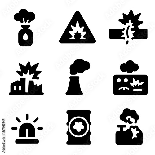 Industrial Explosion Icons. Solid, filled icon set of industrial explosions: gas tank, warning triangle, broken pipeline, factory