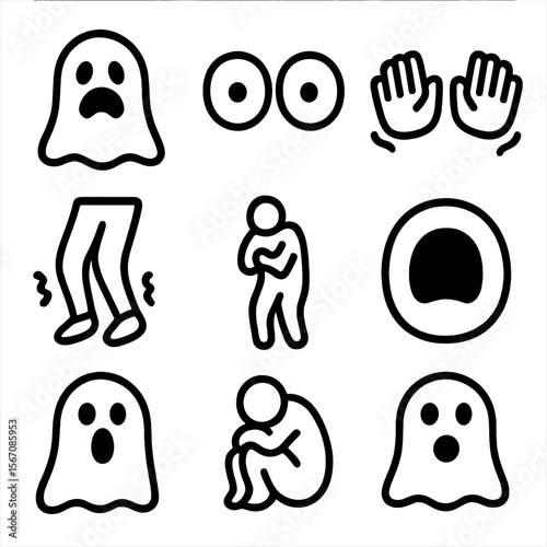 Ghostly Expression Icons. Solid, filled icon set of Ghostly expressions: scared face, wide eyes, shivering hands, trembling knees,