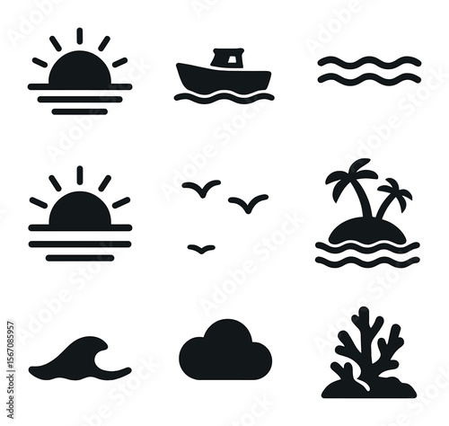 Dawn Sea Icons. Solid, filled icons set of dawn at sea: glowing sky, boat, calm water, rising sun, seagulls,