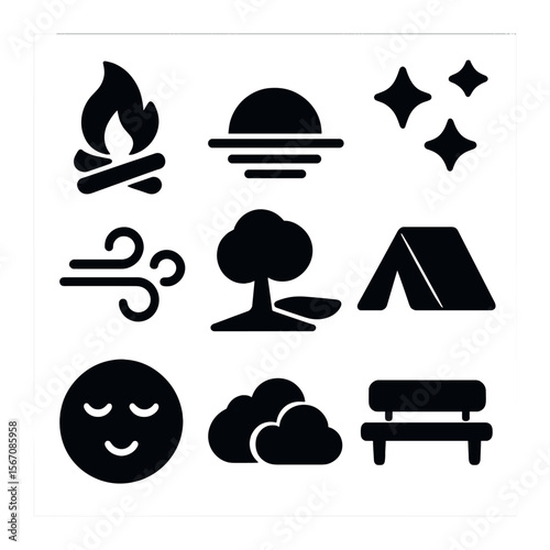 Evening Chill Icons. Solid, filled icons set of evening chill: campfire, setting sun, stars, breeze, tree