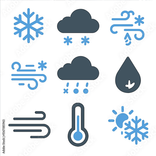 Weather Icon Set. Flat icon set of weather icons: pure flake, cloud with snow, flurry swirl, blizzard wind, snow shower, freezing