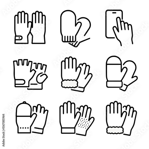 Glove Icons Grid. Outline icon set of gloves and handwear: leather gloves, wool mittens, touchscreen gloves, thermal gloves,