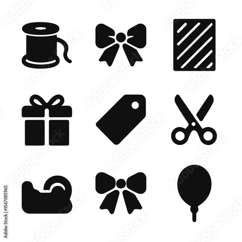 Gift Wrap Essentials Icons. Solid, filled icon set of gift bows and decorations: ribbon roll, decorative bow, wrapping paper, gift