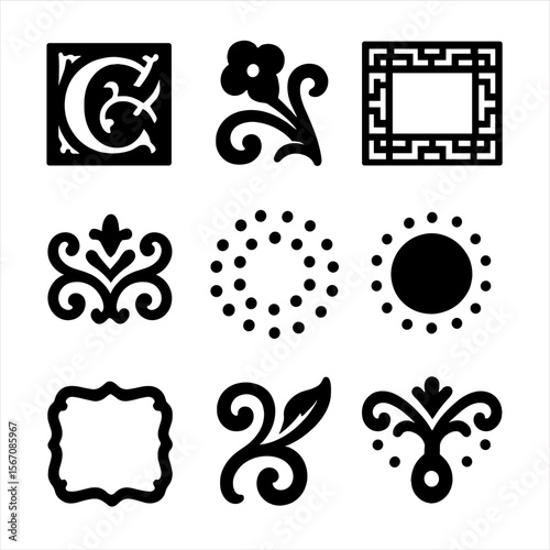 Gilded Motif Icons. Solid, filled icon set of decorative gilded motifs: illuminated initial, floral flourish, geometric border,