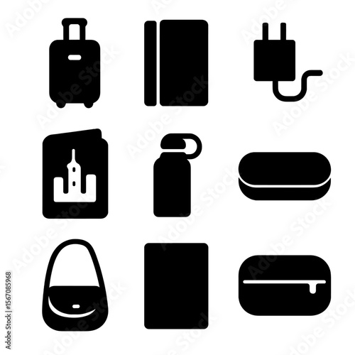 Minimalist Travel Icons. Solid, filled icon set of minimalist travel items: carry-on bag, travel notebook, phone charger, city