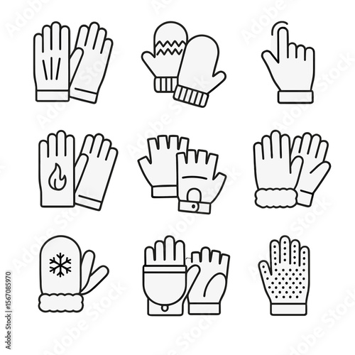 Glove Icons Grid. Outline icon set of gloves and handwear: leather gloves, wool mittens, touchscreen gloves, thermal gloves,