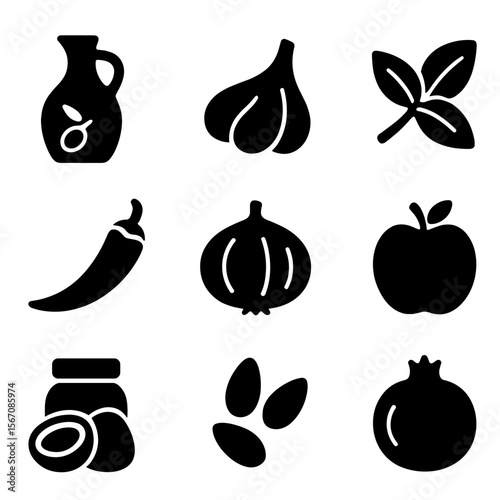 Inflammation Relief Ingredients. Solid, filled icon set of cooking ingredients for inflammation relief: olive oil, garlic clove,