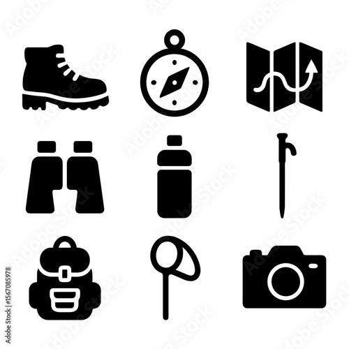 Glade Exploration Icons. Solid, filled icon set of glade exploration tools: hiking boots, compass, trail map, binoculars, water