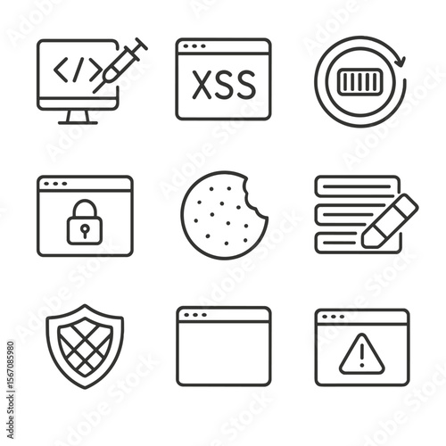 Web Security Icons Grid. Outline icon set of web application security: SQL injection, XSS payload, CSRF token, authentication lock