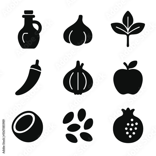 Inflammation Relief Ingredients. Solid, filled icon set of cooking ingredients for inflammation relief: olive oil, garlic clove,