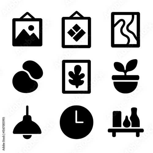 Minimalist Wall Decor Icons. Solid, filled icon set of minimalist wall decor: framed art, geometric shapes, line art, abstract