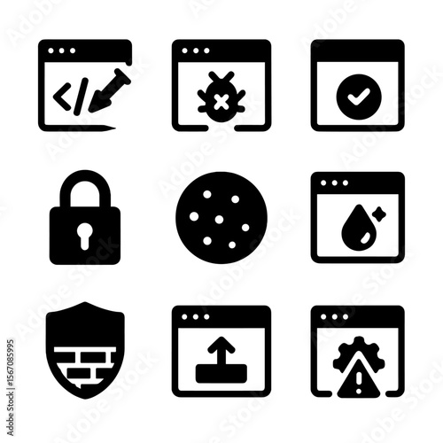 Web Security Icons. Solid, Filled icon set of web application security: SQL injection, XSS payload, CSRF token, authentication
