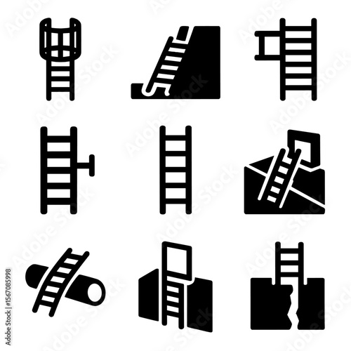 Industrial Ladder Icons Grid. Solid, filled icon set of industrial ladder setups: cage ladder, rooftop ladder, scaffolding edge,