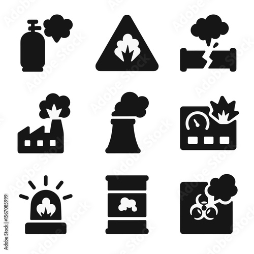 Industrial Explosion Icons. Solid, filled icon set of industrial explosions: gas tank, warning triangle, broken pipeline, factory