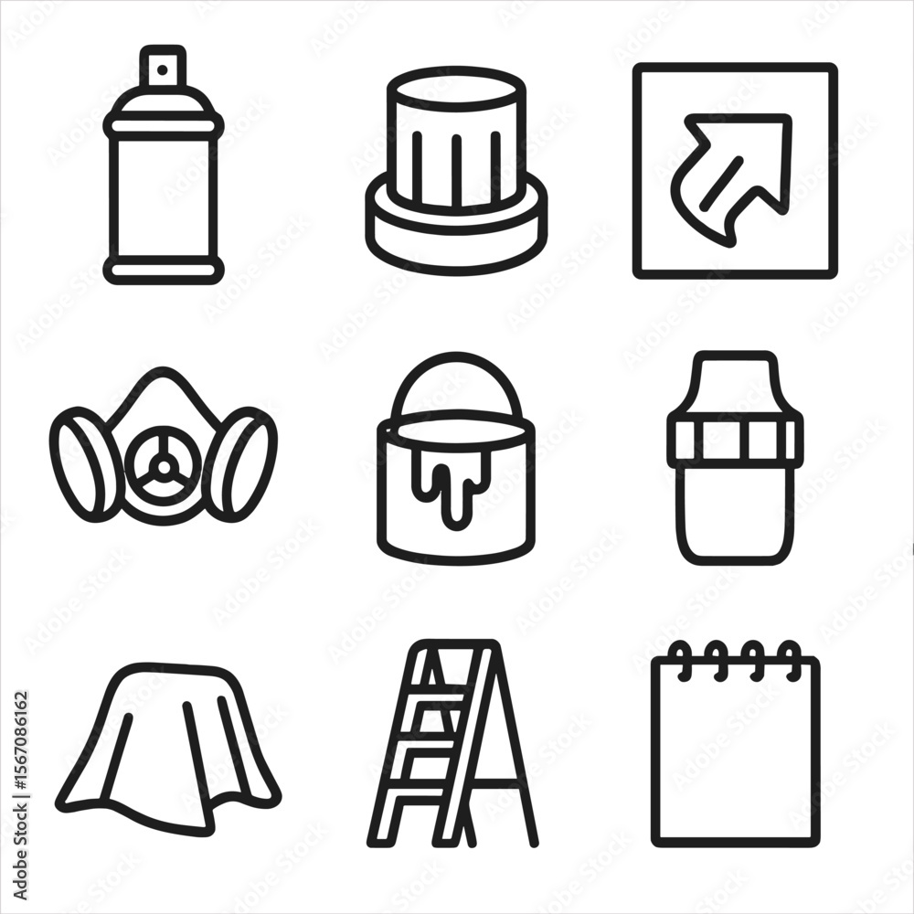 Fototapeta premium Graffiti Tools Icons. Outline icon set of graffiti tools and materials: spray can, marker cap, stencil sheet, respirator mask,