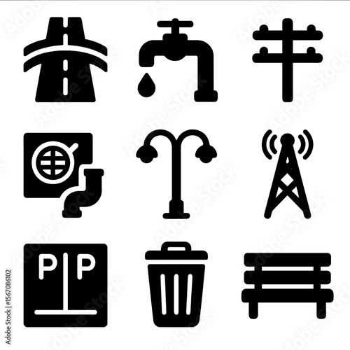 Infrastructure Icon Set. Solid, filled icon set of compound infrastructure: roads, water supply, electricity poles, sewer system,