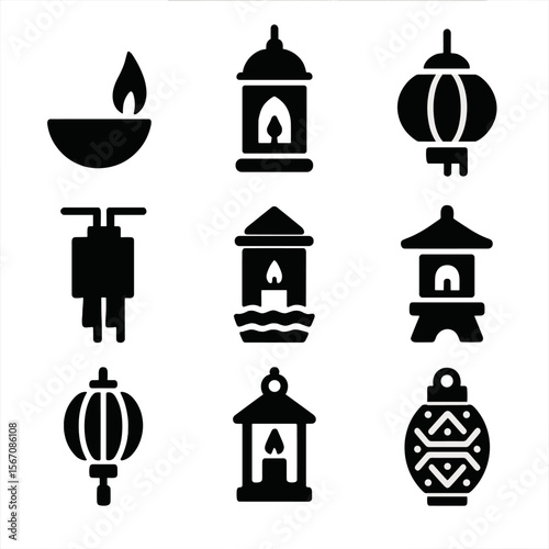 Global Lantern Icons. Solid, filled icon set of lanterns in global cultures: Diwali diya, Ramadan lantern, Chinese new year