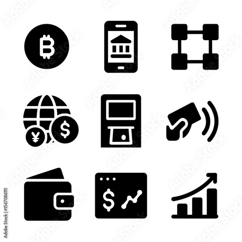 Global Fintech Icons. Solid, filled icon set of global financial tech: cryptocurrency coin, mobile banking, blockchain network,