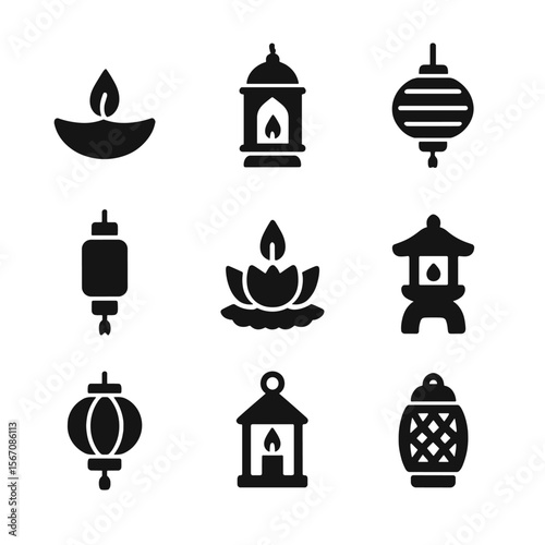 Global Lantern Icons. Solid, filled icon set of lanterns in global cultures: Diwali diya, Ramadan lantern, Chinese new year