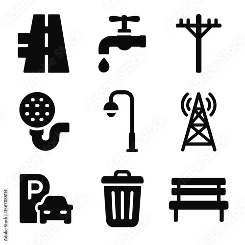 Infrastructure Icon Set. Solid, filled icon set of compound infrastructure: roads, water supply, electricity poles, sewer system,