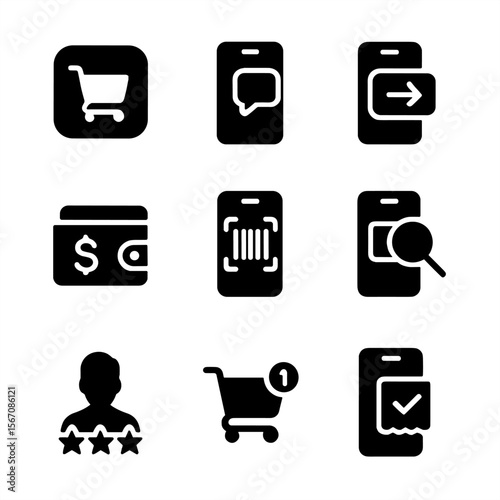 Mobile Commerce Icons. Solid, filled icon set of mobile commerce app elements: app icon, push notification, swipe gesture, mobile