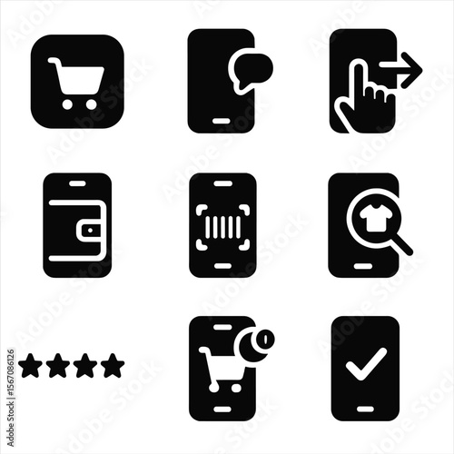 Mobile Commerce Icons. Solid, filled icon set of mobile commerce app elements: app icon, push notification, swipe gesture, mobile