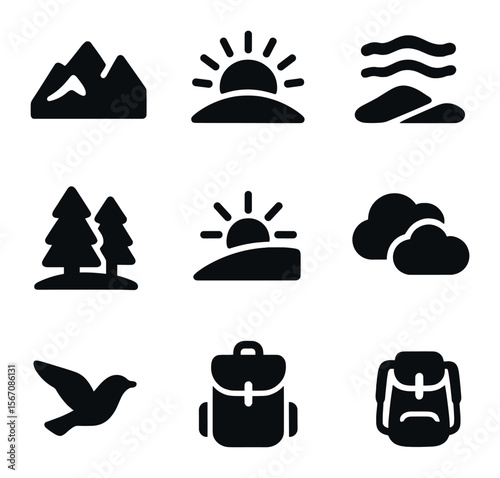 Sunrise Icon Collection. Solid, filled icons set of sunrise in mountains: ridge, sun burst, mist, trees, slope